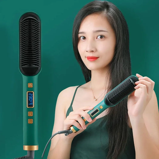 2 In 1 Electric Professional Negative Ion Hair Straightener Brush Curling Comb with Lcd Display Hair Curling Tool Straight Brush